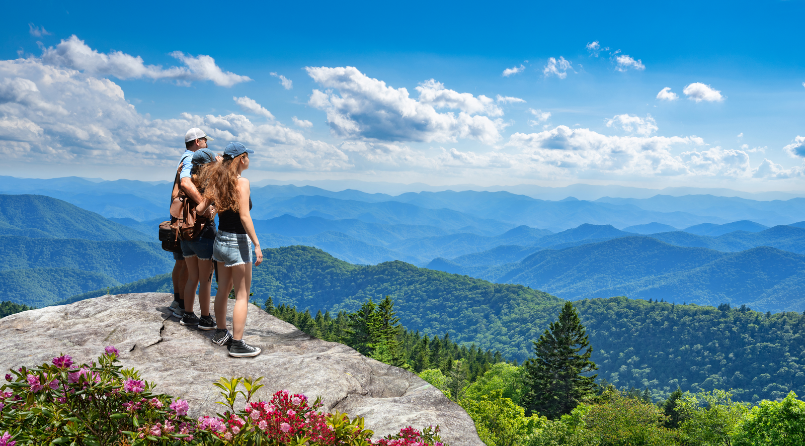 family standing on rock looking out at mountain view