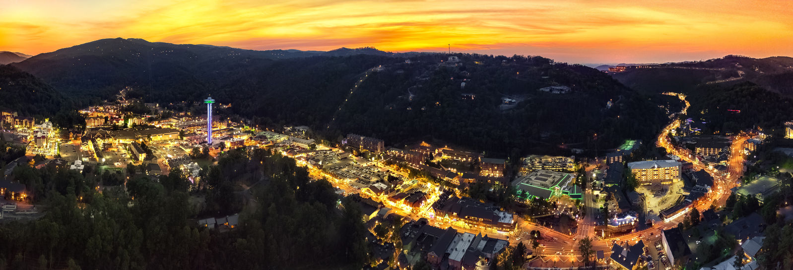 aerial view of downtown Gatlinburg at night