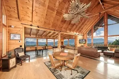 The incredible living room of a cabin in Gatlinburg TN.