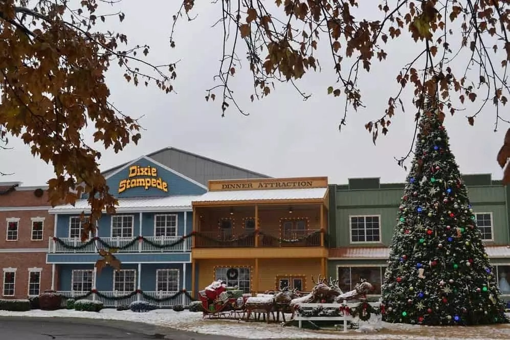 Holiday decorations outside of the Dixie Stampede Smoky Mountain Christmas Show.