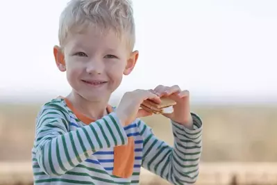 Little boy eating a s'more.