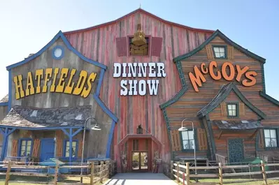 The exterior of the Hatfield and McCoy dinner show in the Smoky Mountains.