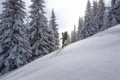 A backpacker on a winter hike.