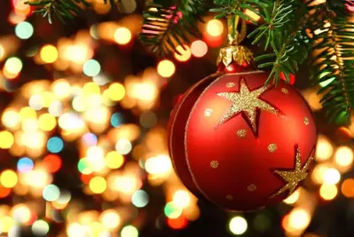 A shiny red ornament hanging from a Christmas tree.