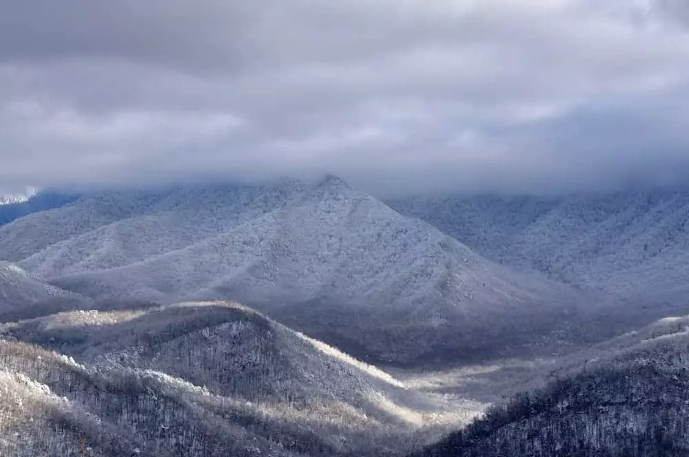 Photo of the snow covered mountains taken from a Pigeon Forge Tennessee cabin.