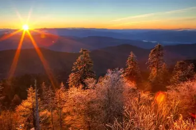 view of Smoky Moutnains fall colors from mountain top