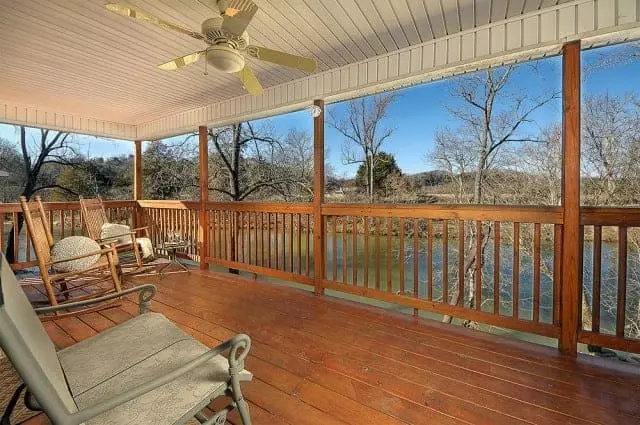 The view from the deck of Rollin' on the River, one of our Gatlinburg cabins on the water.