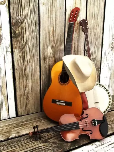 Musical instruments and cowboy hat for a bluegrass band