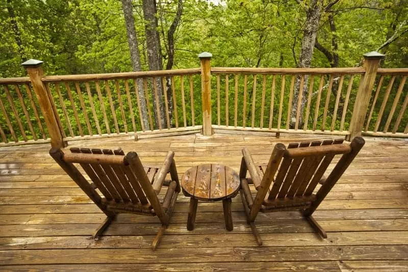 Rocking chairs on porch in the mountains