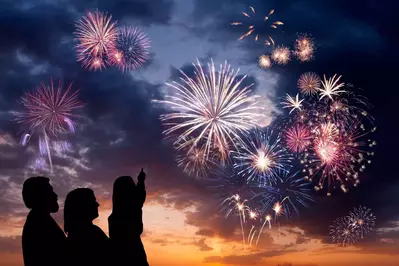 Silhouette of family watching fireworks light up the night sky