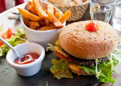 Burger, fries and ketchup 